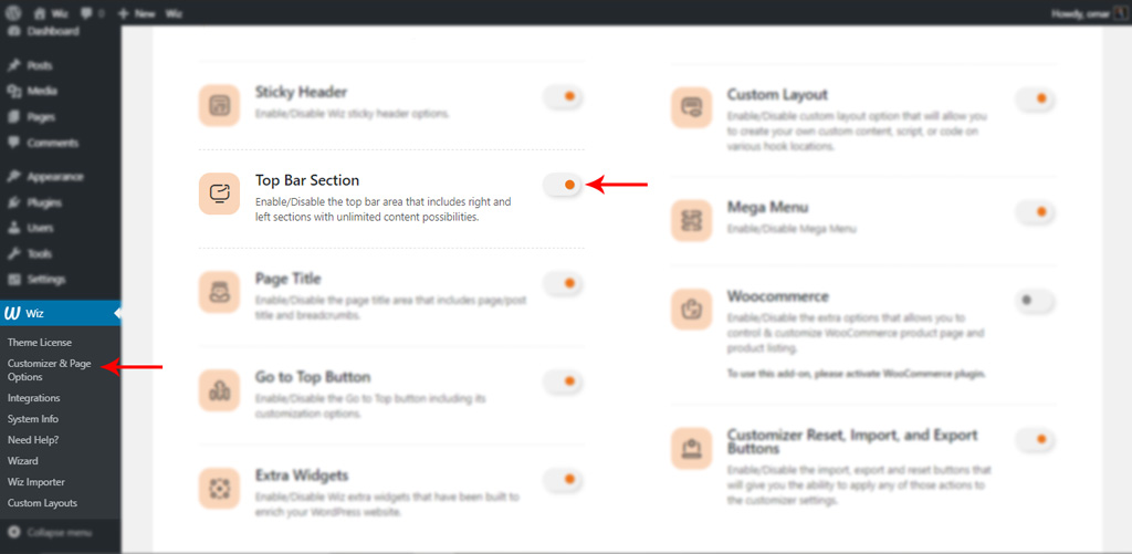 Enable Top Bar Section for Wiz WordPress Theme